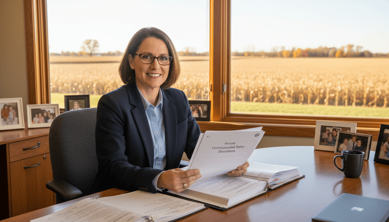 Iowa school principal reviewing parent communication plan in a rural Iowa school office