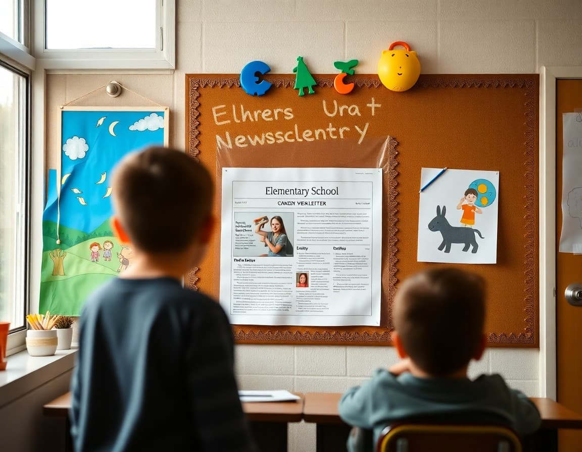 Idaho elementary school newsletter posted on classroom bulletin board near student artwork