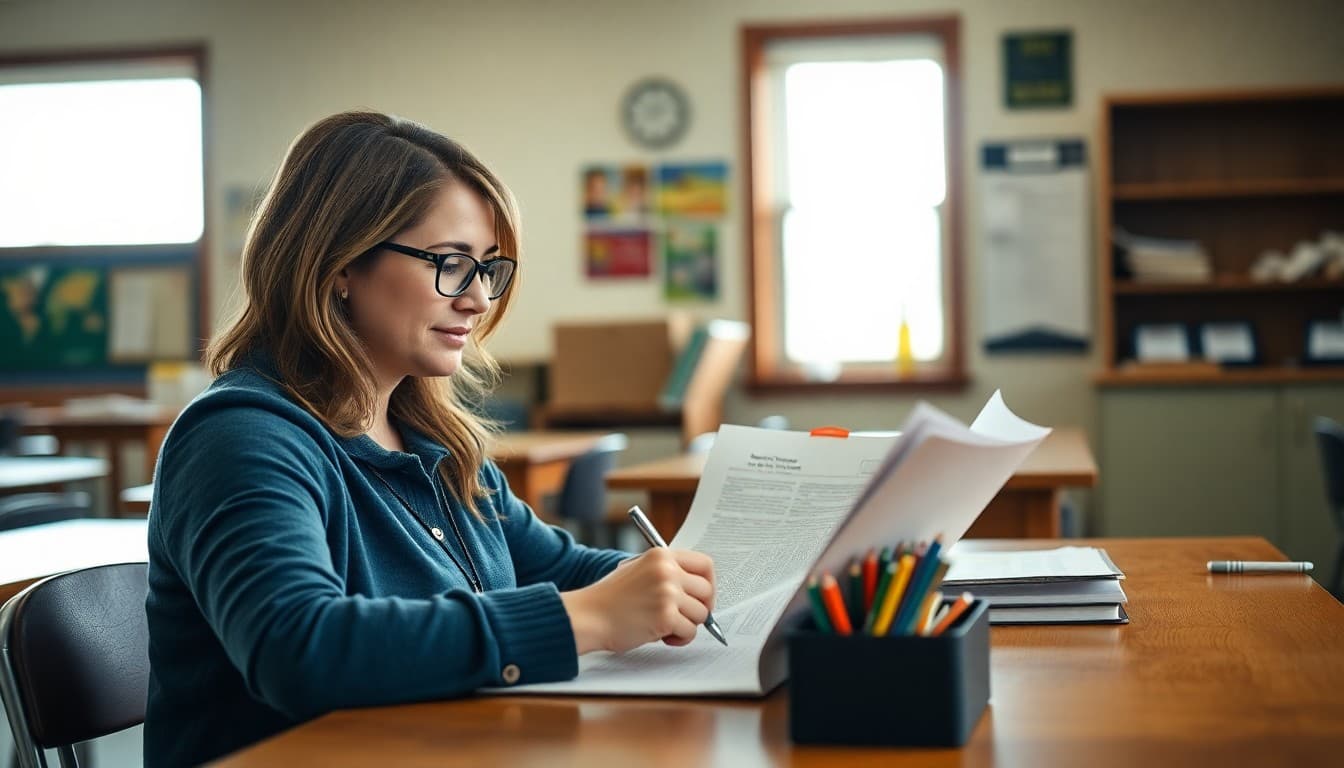 Elementary teacher in Idaho writing classroom newsletter at rural school desk