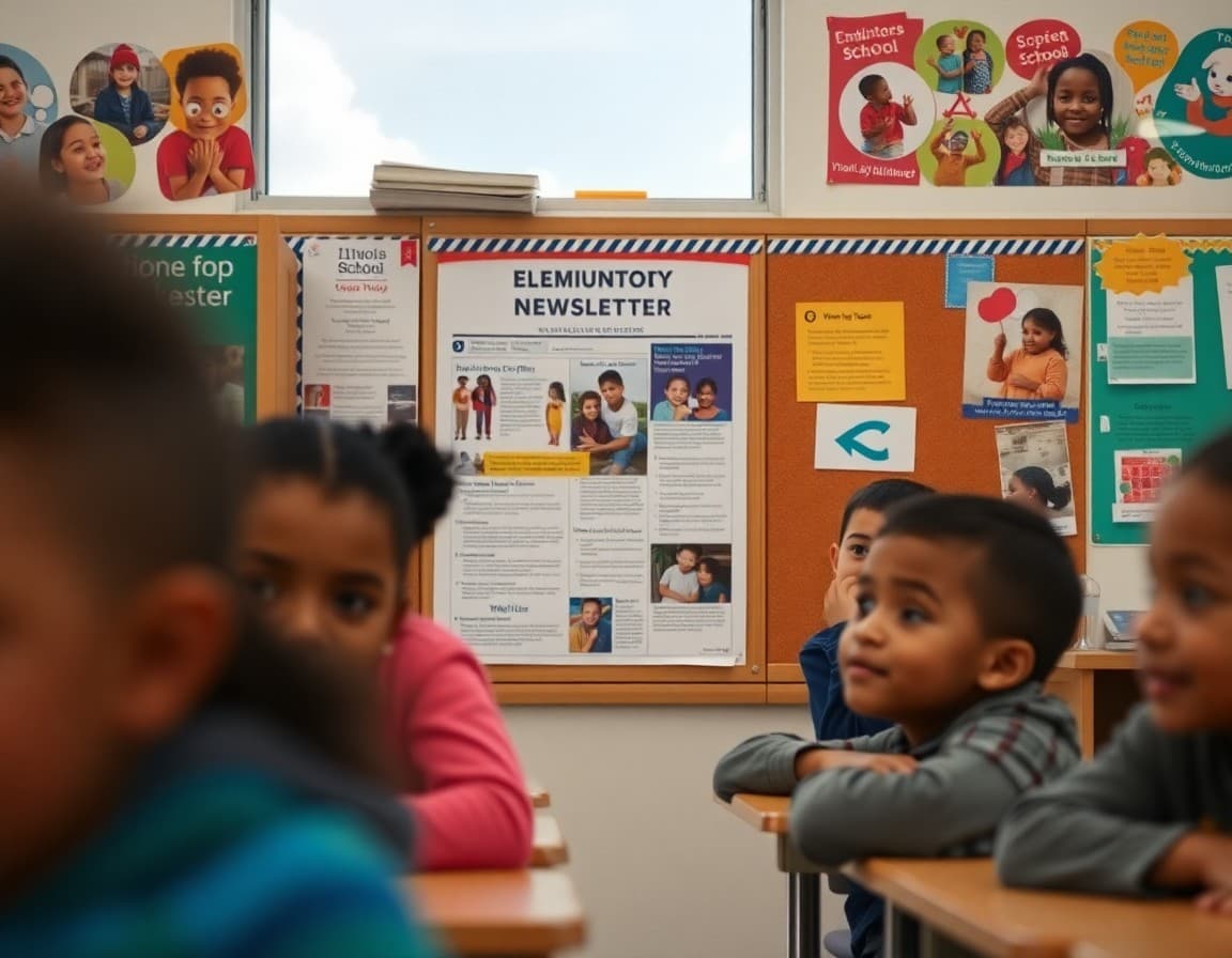 Illinois elementary school newsletter displayed on bulletin board in diverse Chicago classroom