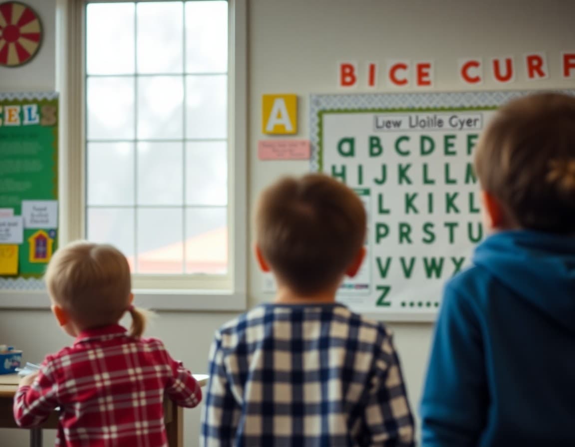 Indiana elementary school newsletter on classroom bulletin board near alphabet display