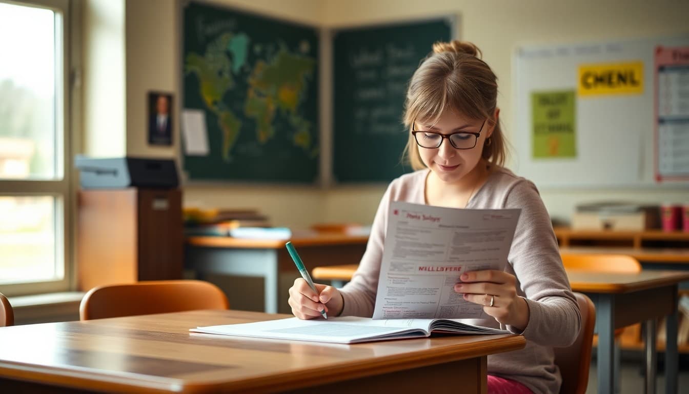 Elementary teacher in Indiana writing classroom newsletter at school desk in Midwest school