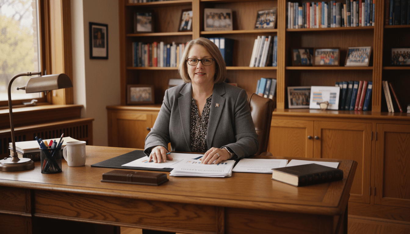 Indiana school principal reviewing parent communication requirements at a desk in an Indianapolis school