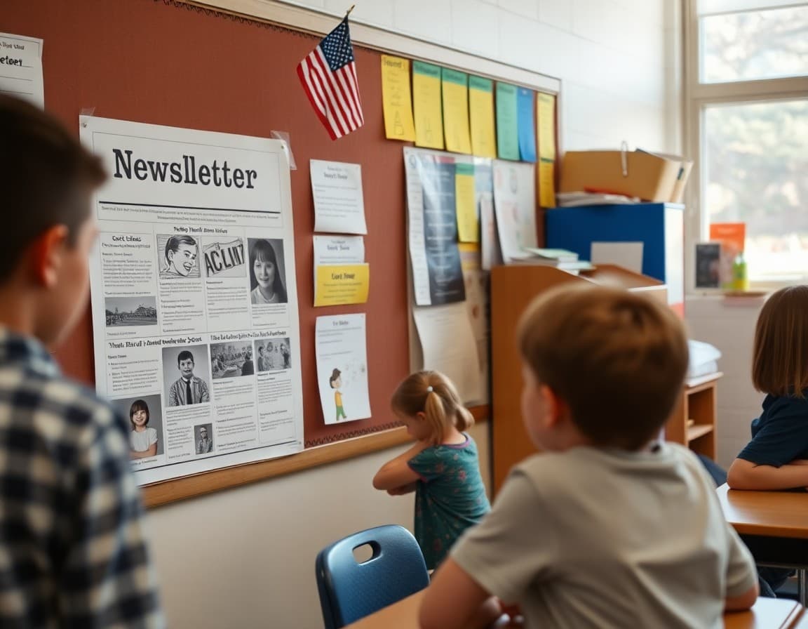 Kansas elementary school newsletter displayed on classroom bulletin board near student work