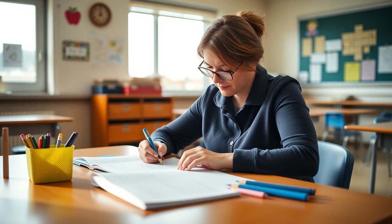 Elementary teacher in Kansas writing classroom newsletter at school desk in Midwest school