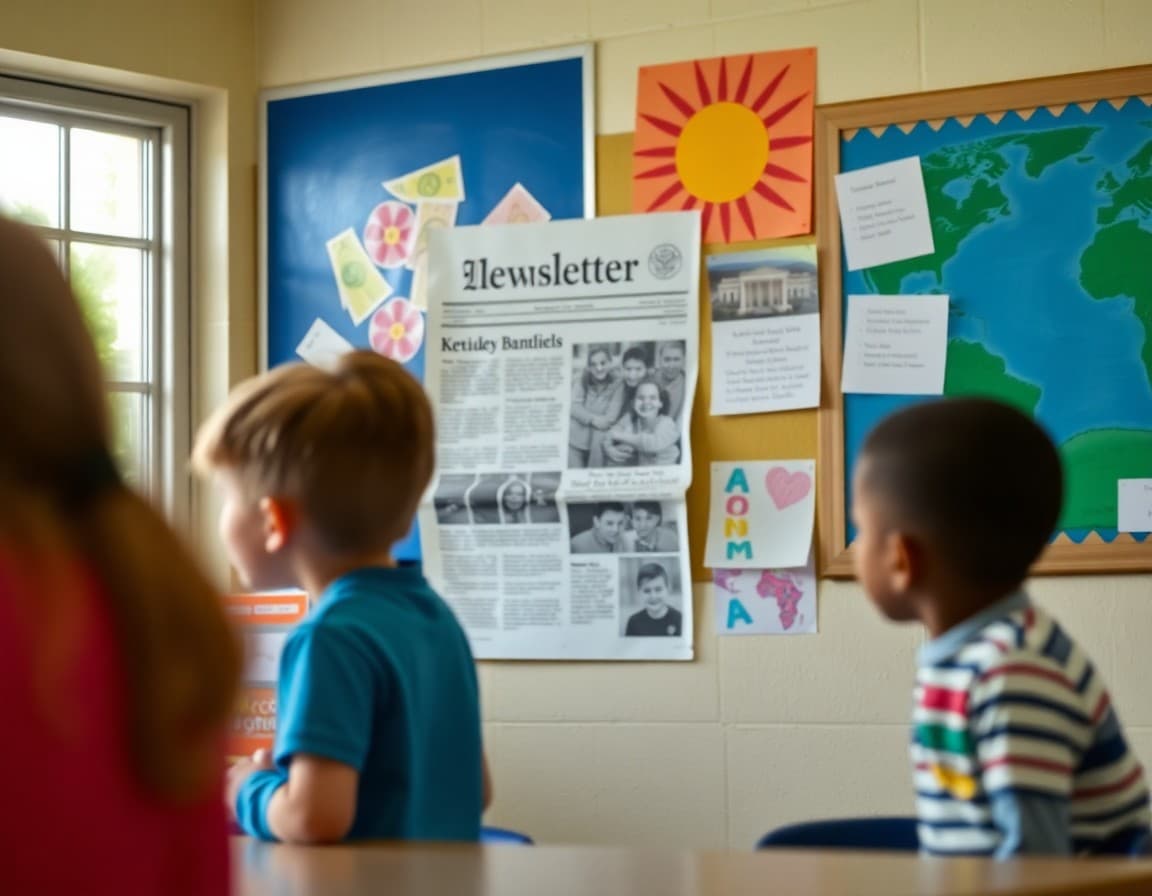 Kentucky elementary school newsletter displayed on classroom bulletin board near student artwork