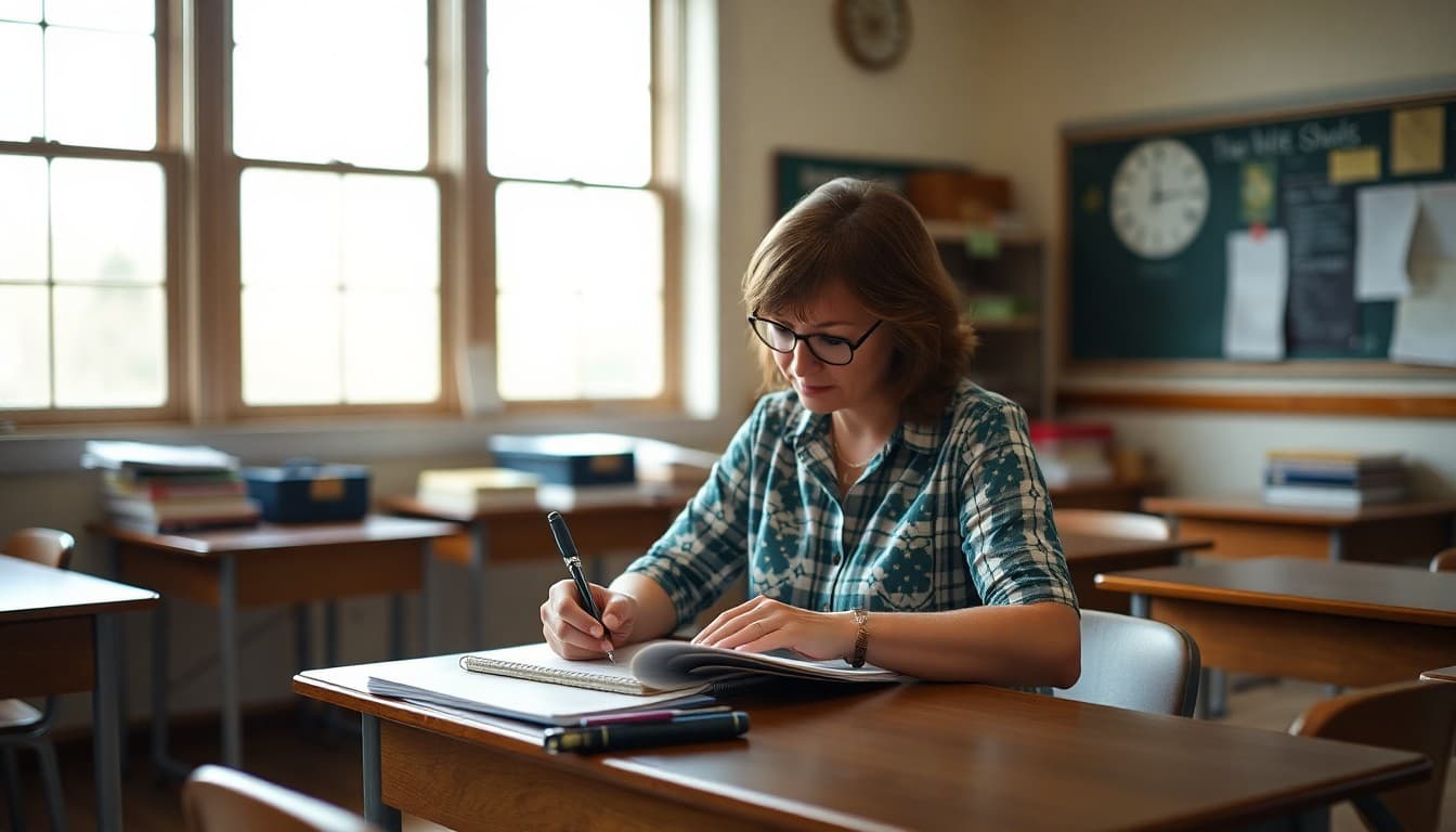 Elementary teacher in Kentucky writing classroom newsletter at school desk in Appalachian school