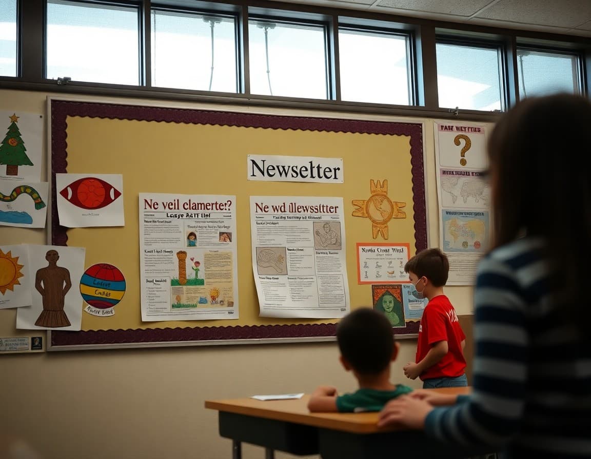 Louisiana elementary school newsletter displayed on classroom bulletin board near student artwork
