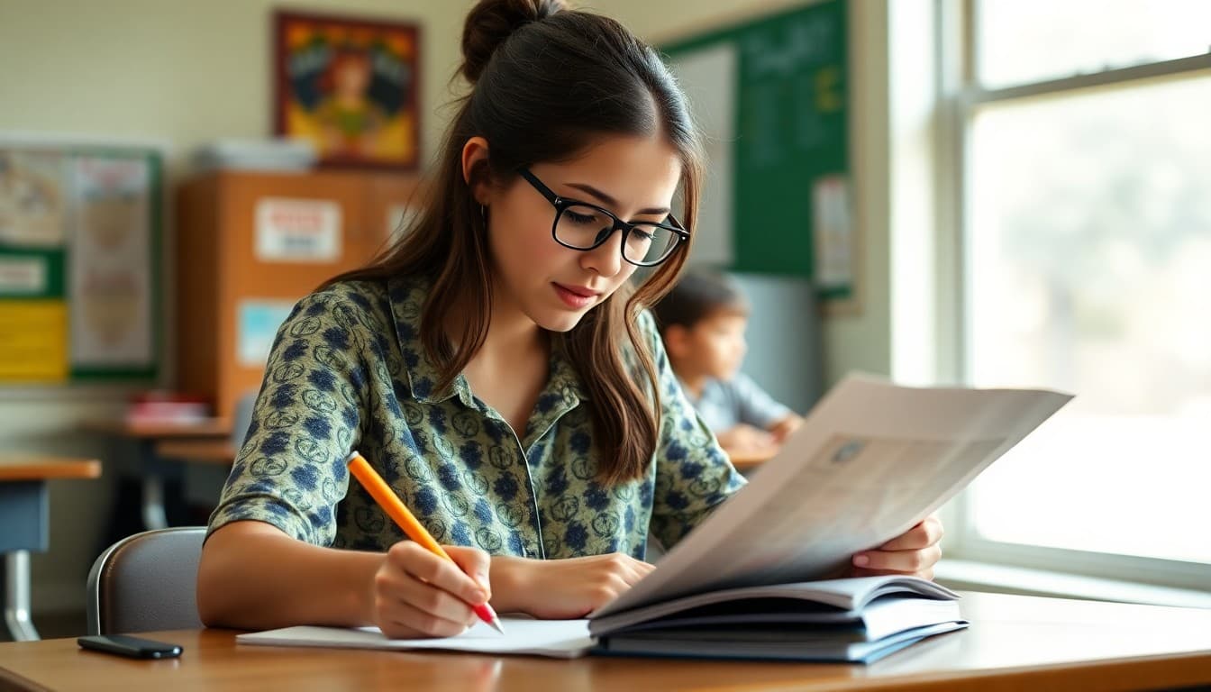 Elementary teacher in Louisiana writing classroom newsletter at school desk in Southern school