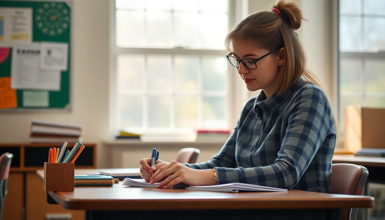 Elementary teacher in Massachusetts writing classroom newsletter at desk near window