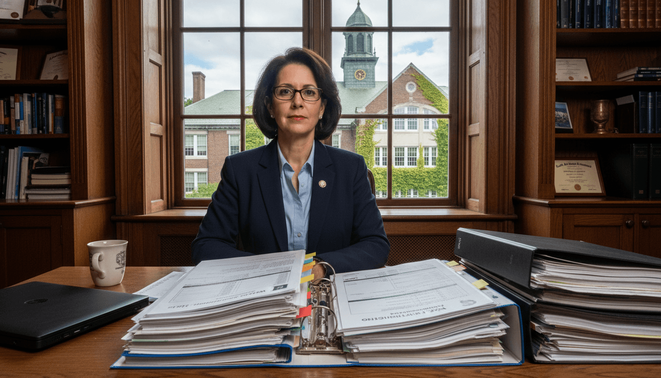 Massachusetts school principal reviewing parent communication requirements at a school office desk