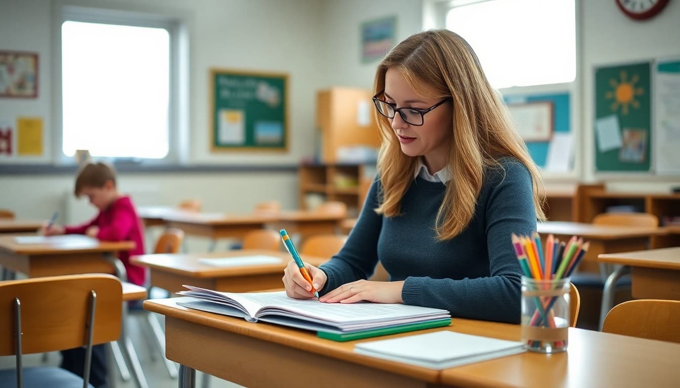 Elementary teacher in Maine writing classroom newsletter at school desk in coastal school