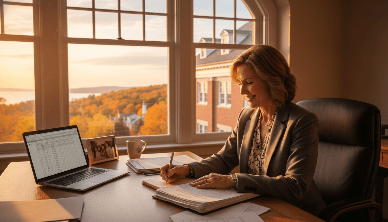 Maine school principal reviewing parent communication requirements at a rural school desk
