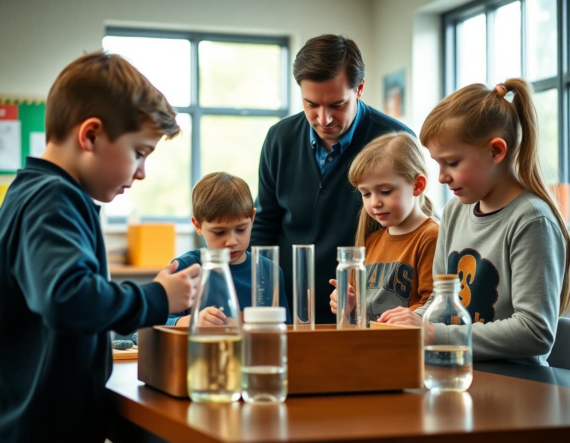 Michigan elementary school students working on science experiment with teacher