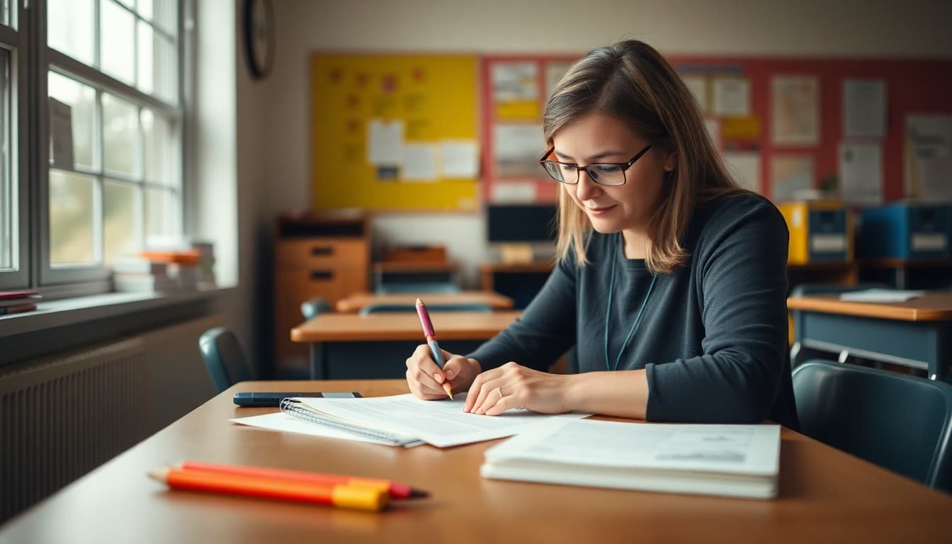 Elementary teacher in Michigan writing classroom newsletter at her desk