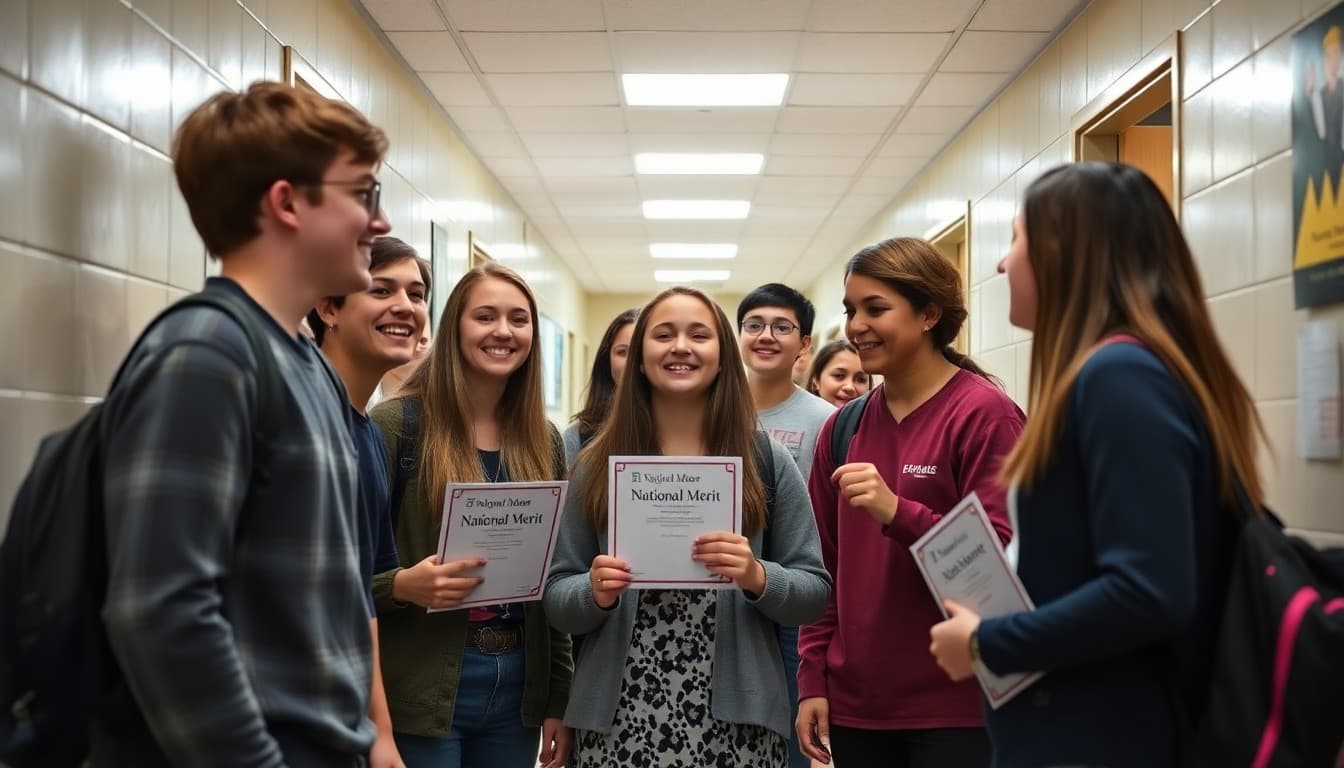 National Merit semifinalist students celebrating in a school hallway with principal