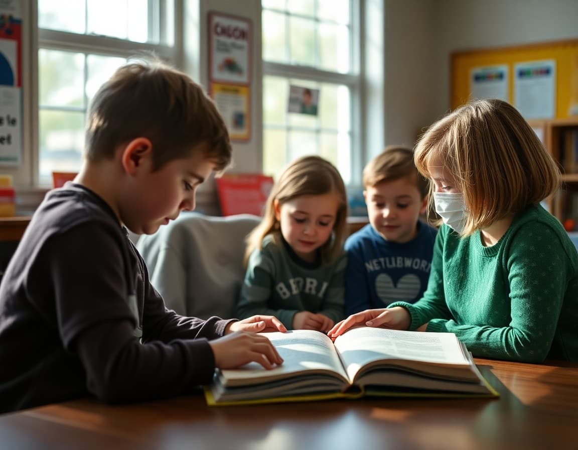 Nebraska elementary school students working on reading activity with teacher