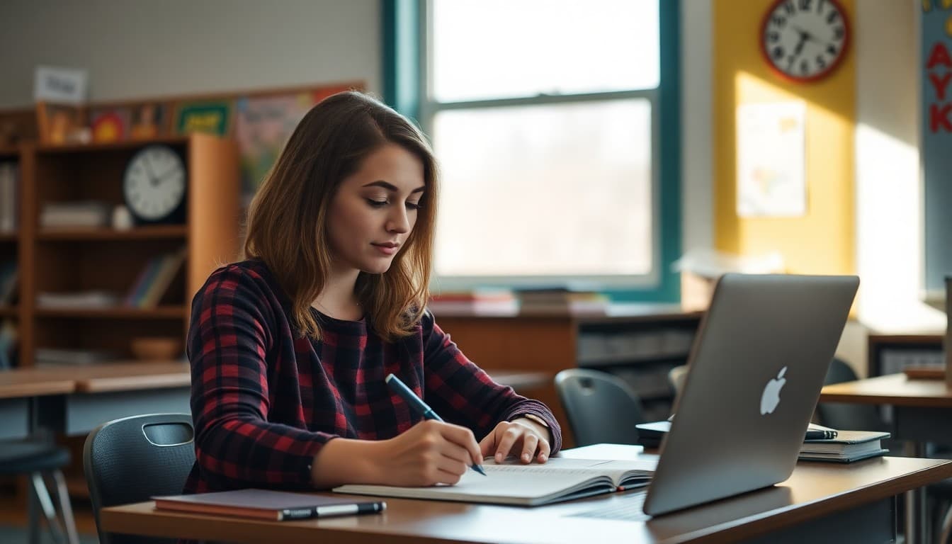 Elementary teacher in Nebraska writing classroom newsletter at her desk