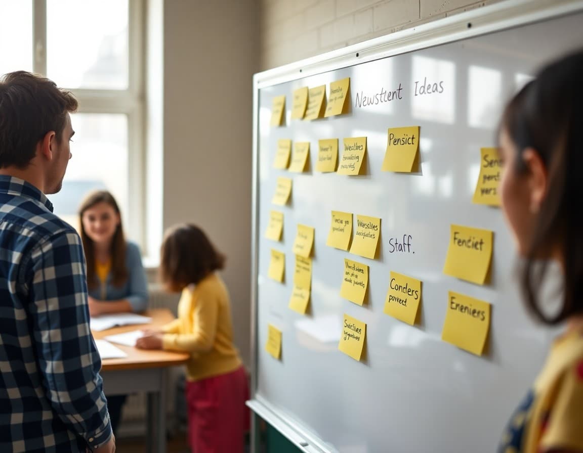 Sticky notes on a whiteboard with 20 newsletter content ideas written on them for school staff