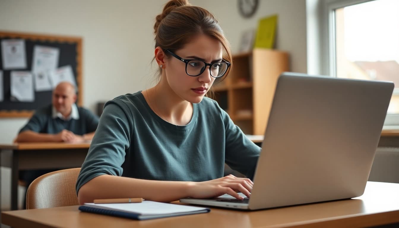 Teacher staring at a blank laptop screen frustrated before discovering newsletter content ideas
