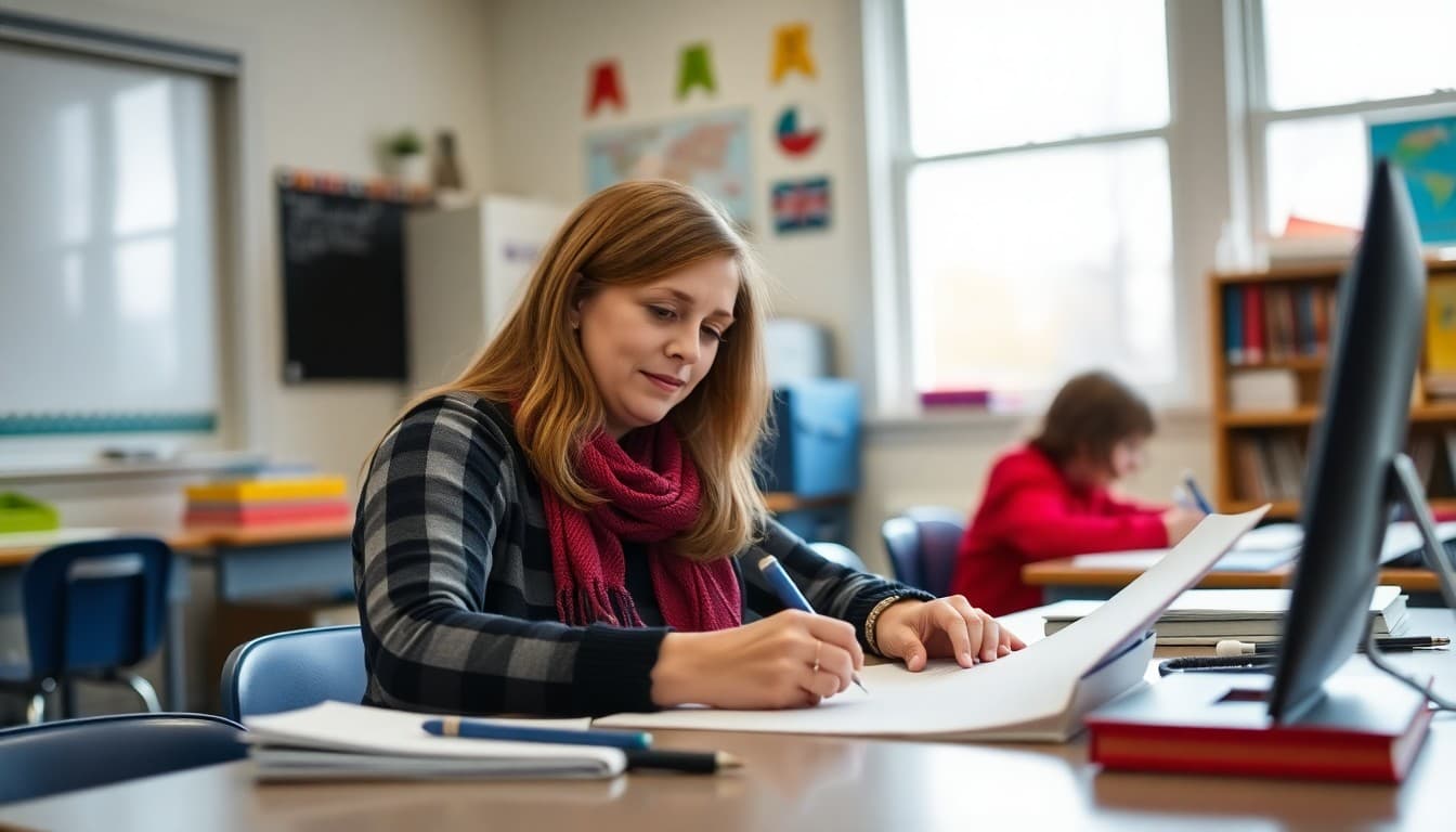 Elementary teacher in New Hampshire writing classroom newsletter at her desk in fall