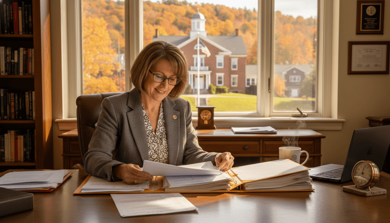 New Hampshire school principal reviewing parent communication materials in a New England school building in autumn
