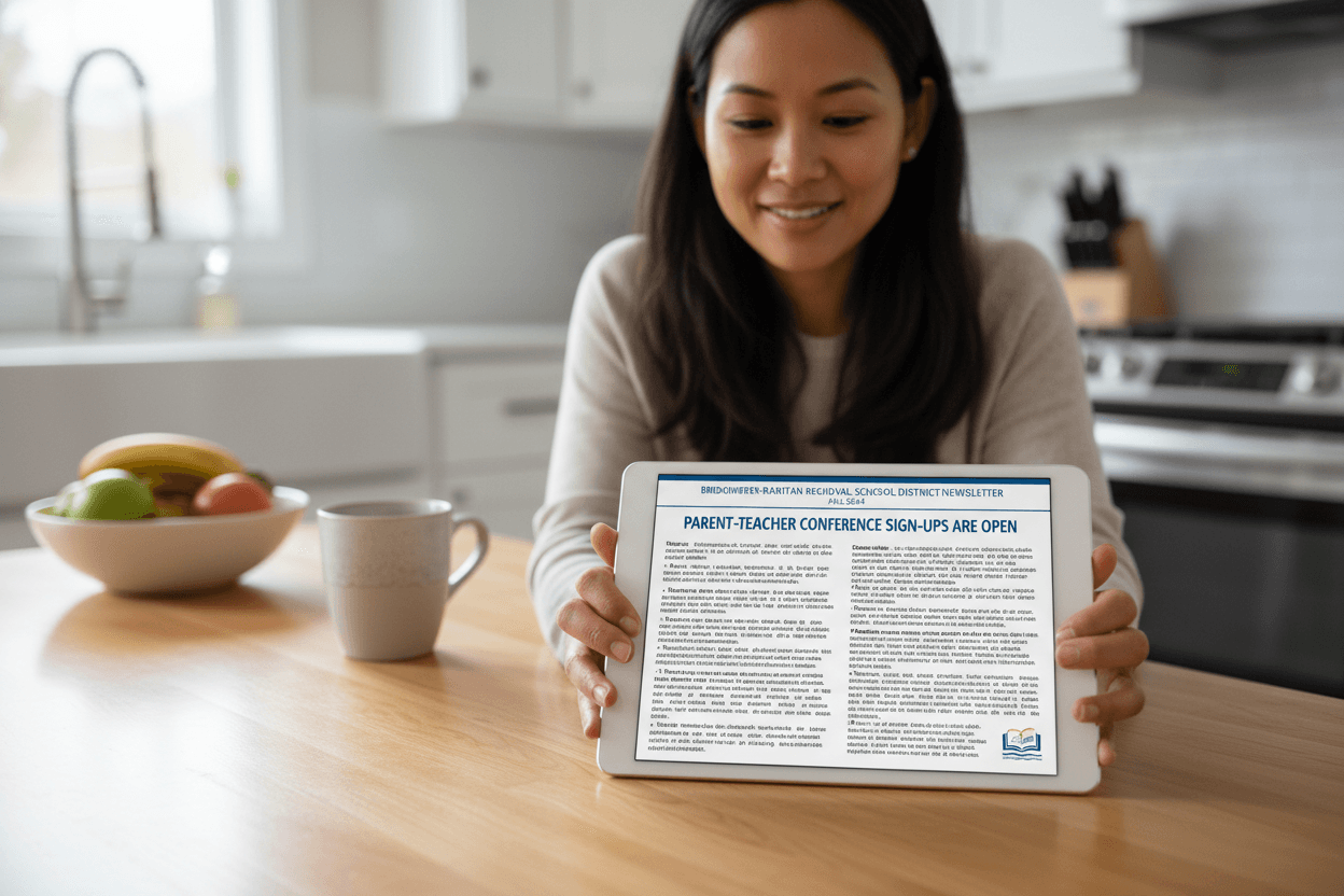 Stack of school newsletters in multiple languages next to a laptop showing a digital newsletter for a New Jersey school