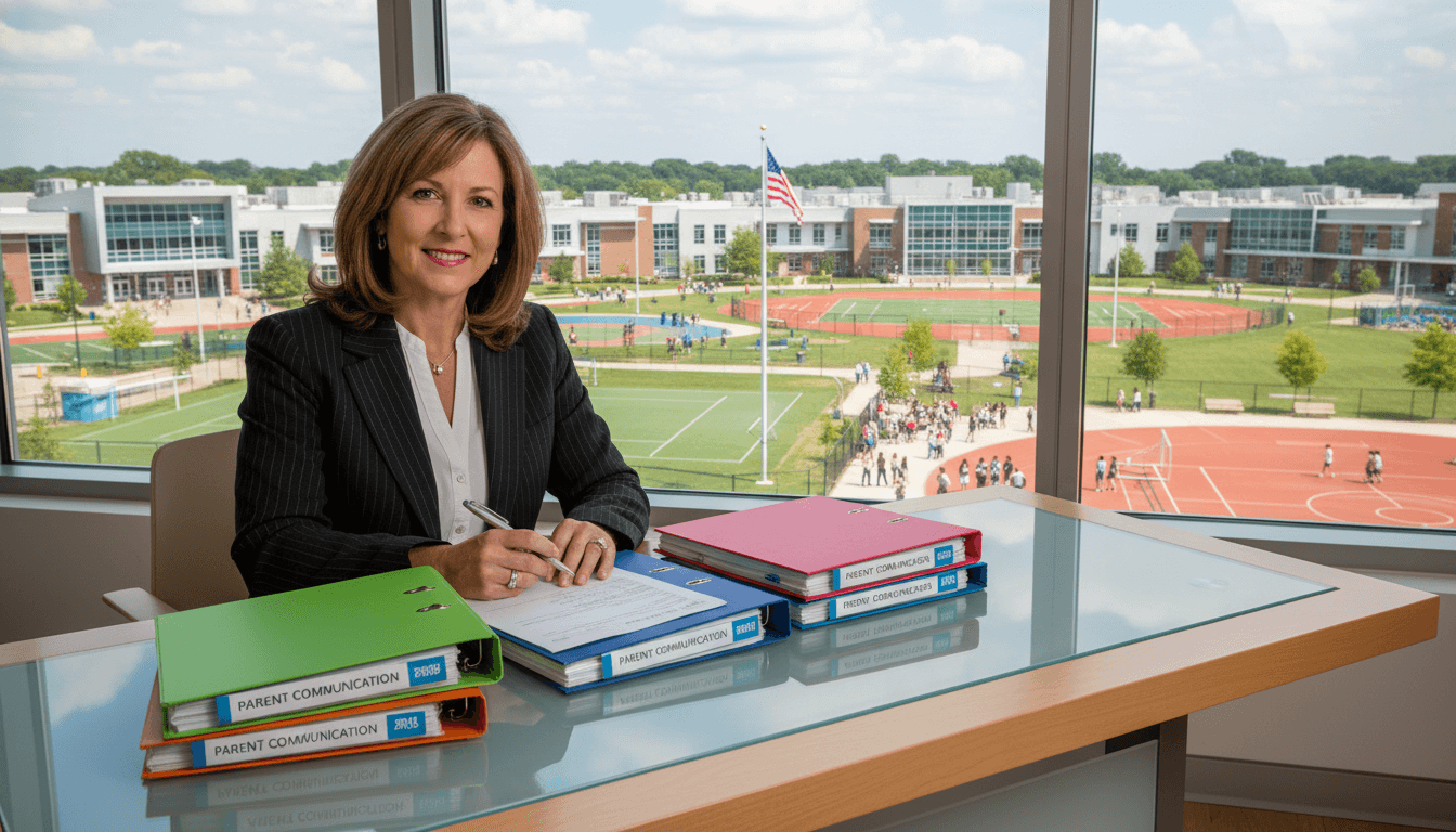 New Jersey school principal reviewing multilingual parent communication materials at a desk