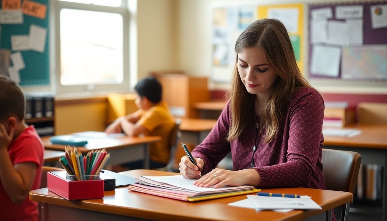 Elementary teacher in New Mexico writing a classroom newsletter at her desk