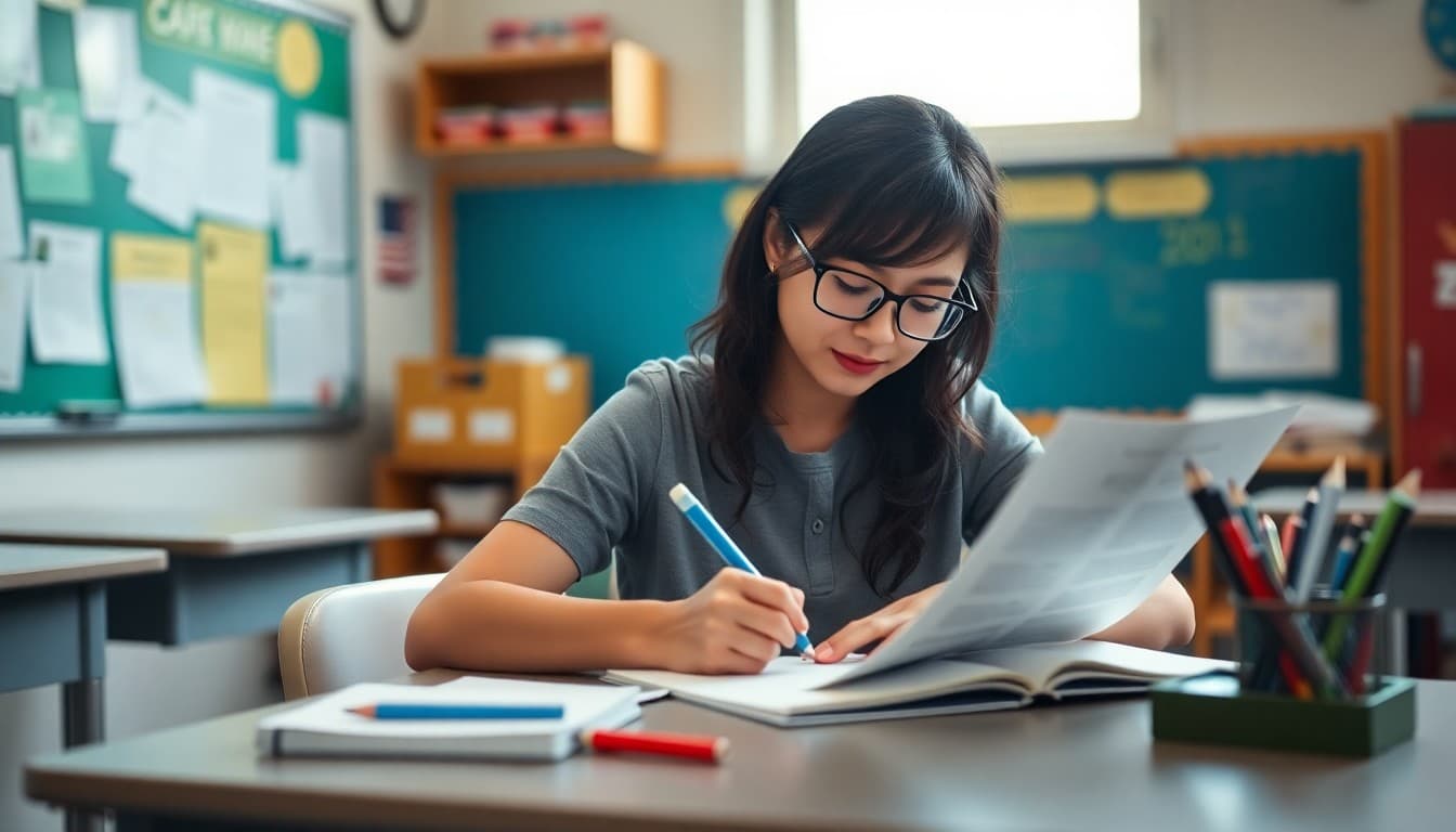 Elementary teacher in New York writing a classroom newsletter at her desk