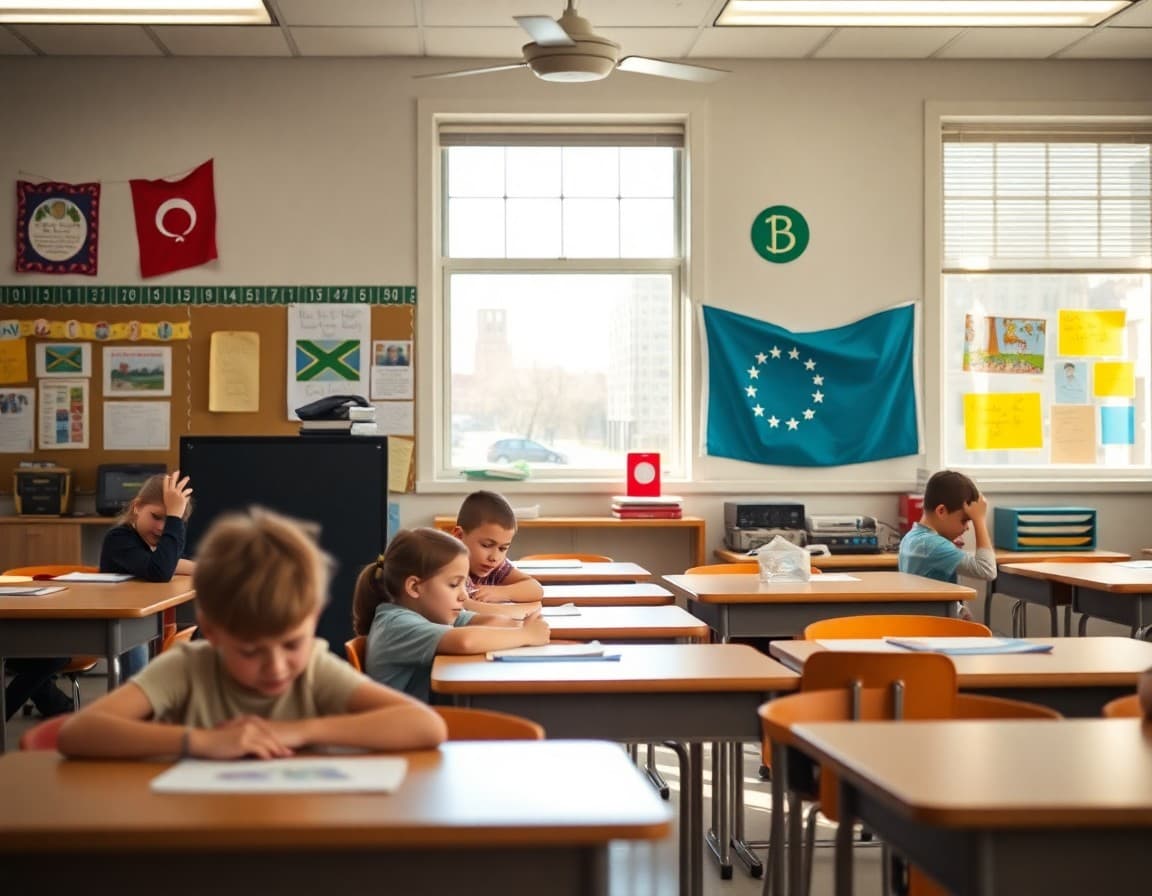 Ohio elementary school classroom with student projects and Ohio state symbols displayed
