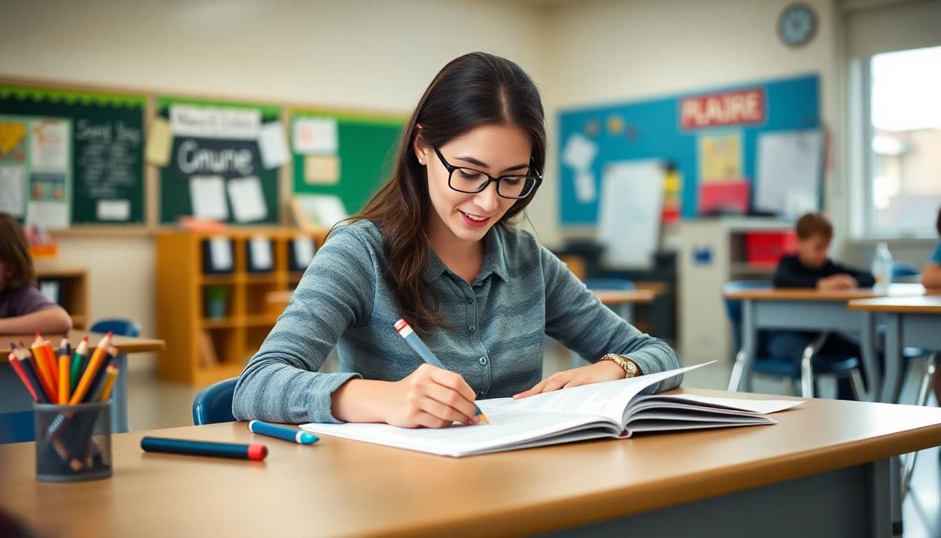 Elementary teacher in Ohio writing a classroom newsletter at her desk in a school building