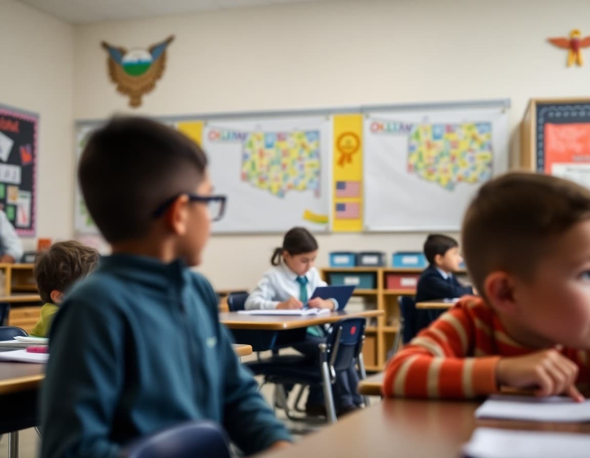 Oklahoma elementary school classroom with student artwork and Oklahoma state map on the wall