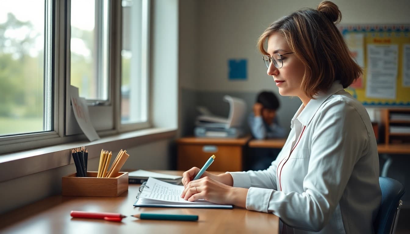 Elementary teacher in Oklahoma writing a classroom newsletter at her desk near a window