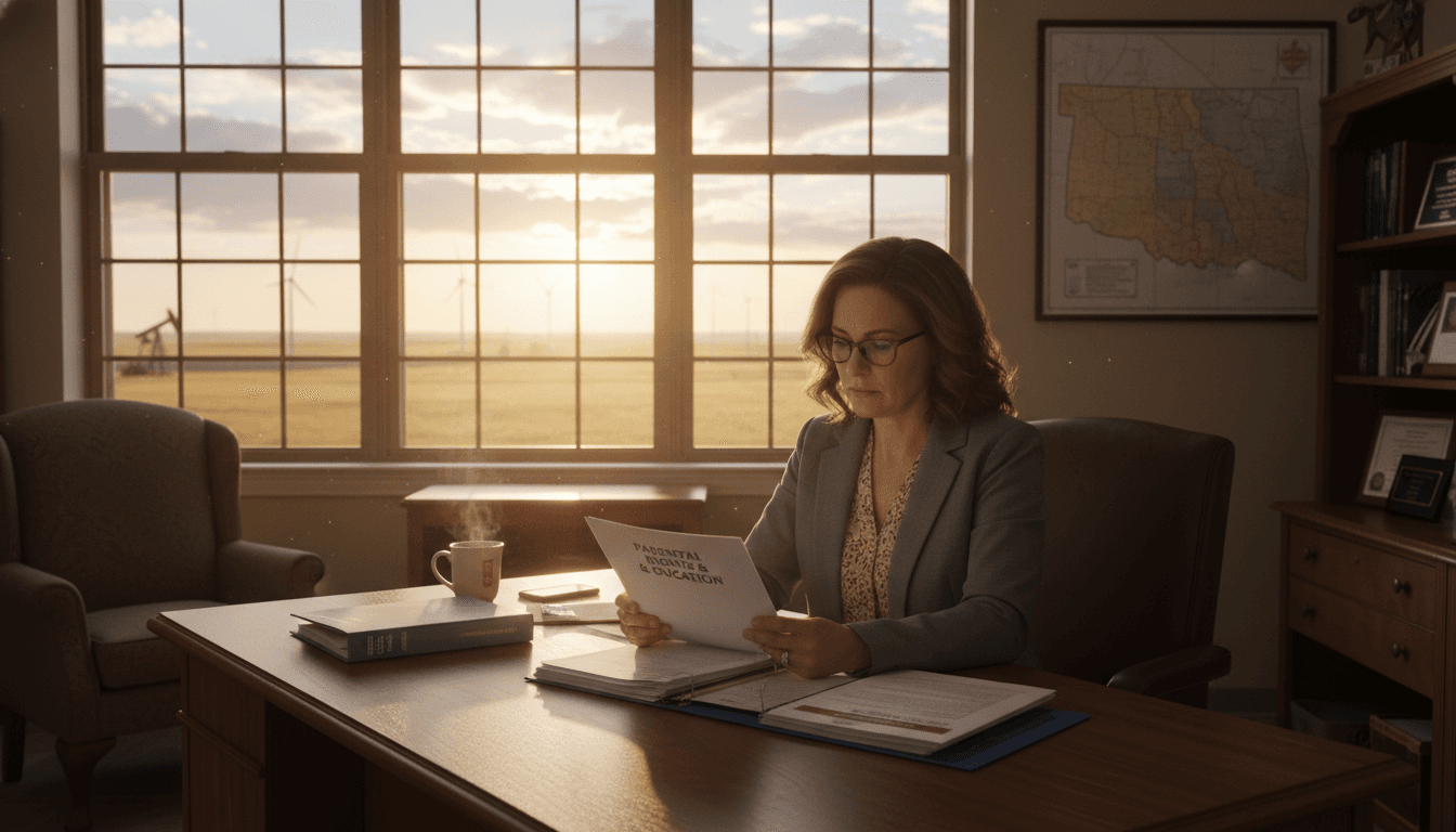 Oklahoma school principal preparing parent newsletters at a desk in a rural school building