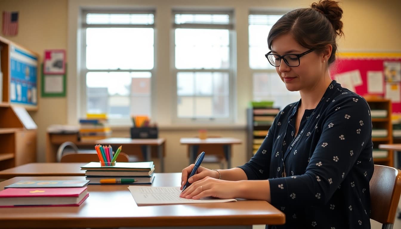 Elementary teacher in Pennsylvania writing a classroom newsletter at her desk in a suburban school