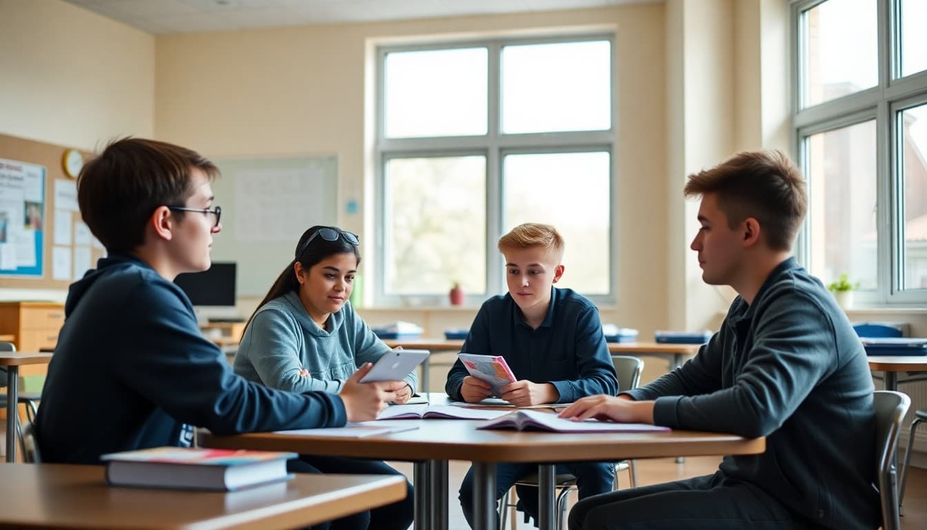 Students working in small groups on academic recovery activities in a bright classroom