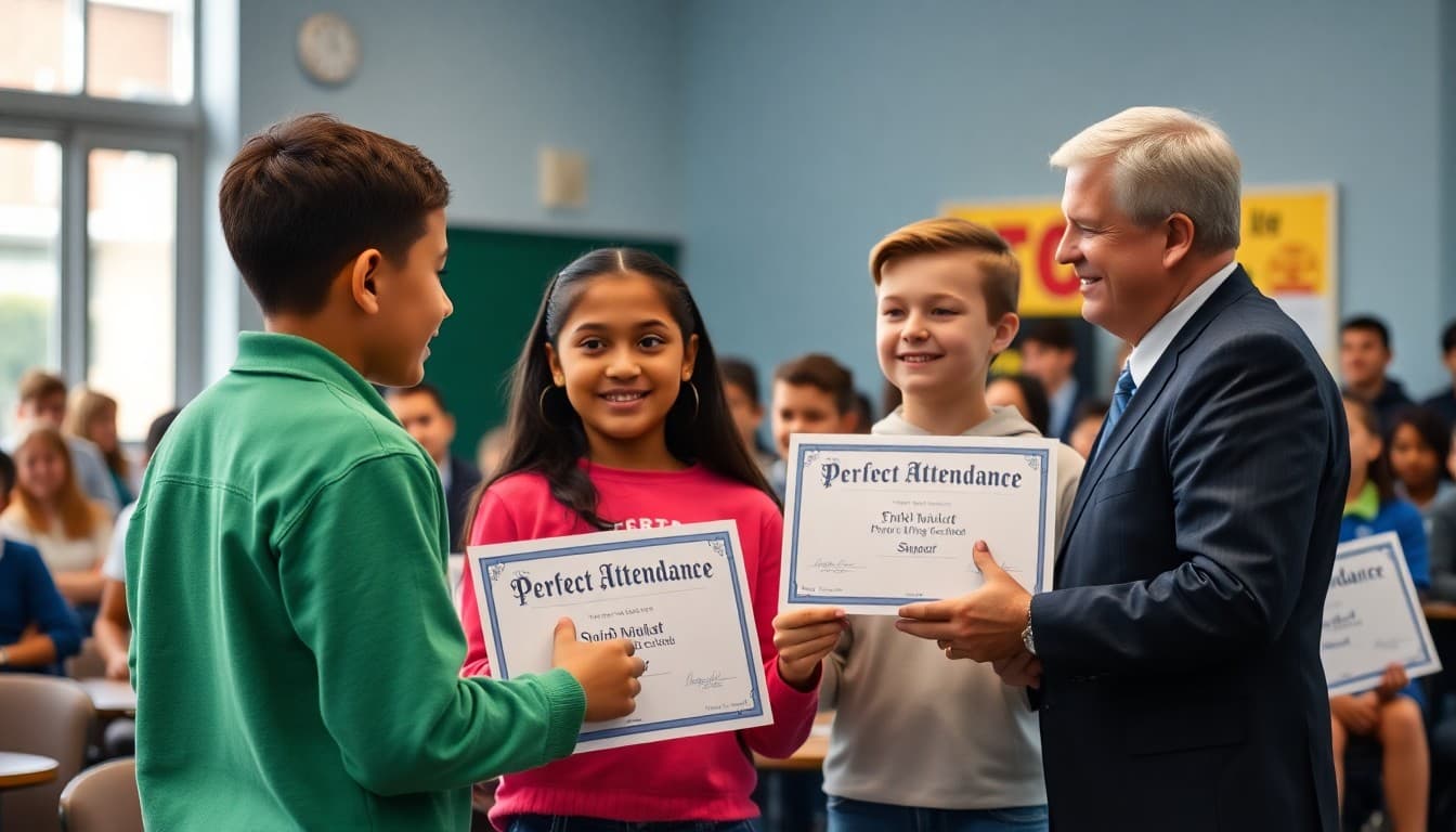 Students receiving perfect attendance certificates at a school assembly from principal