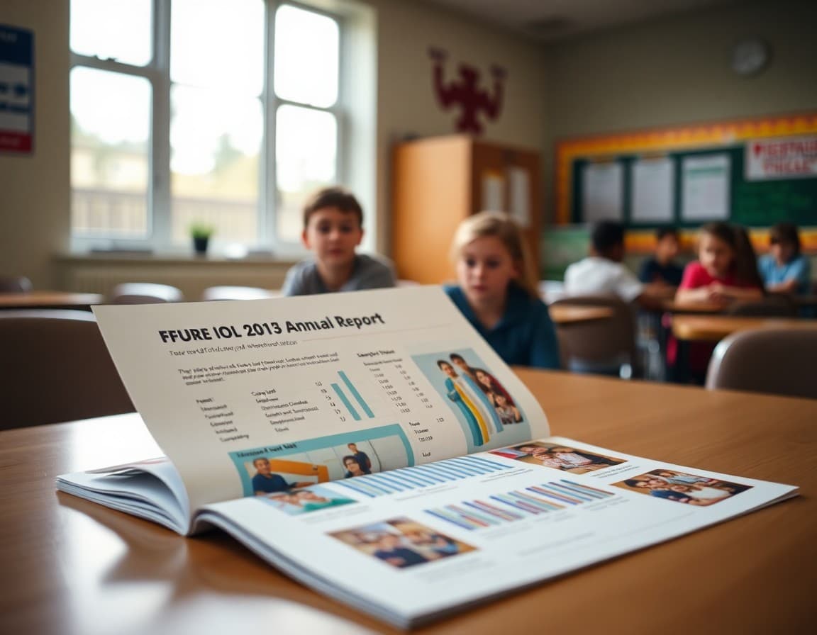 Public school annual report document with performance data and community photos on a table