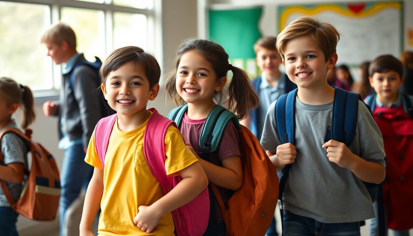 Public school students arriving with backpacks on the first excited day of the school year
