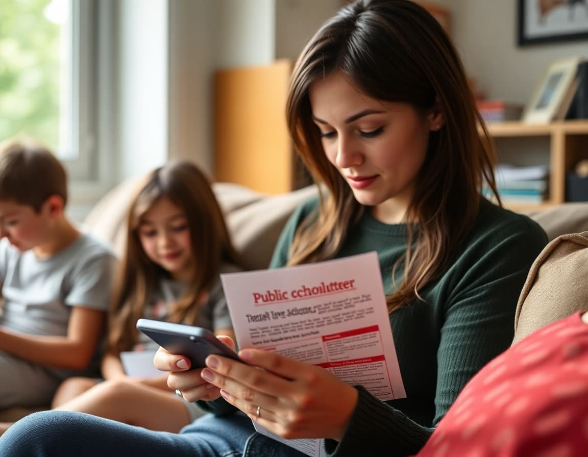 Parent reading a public school newsletter on a phone at home in a family setting