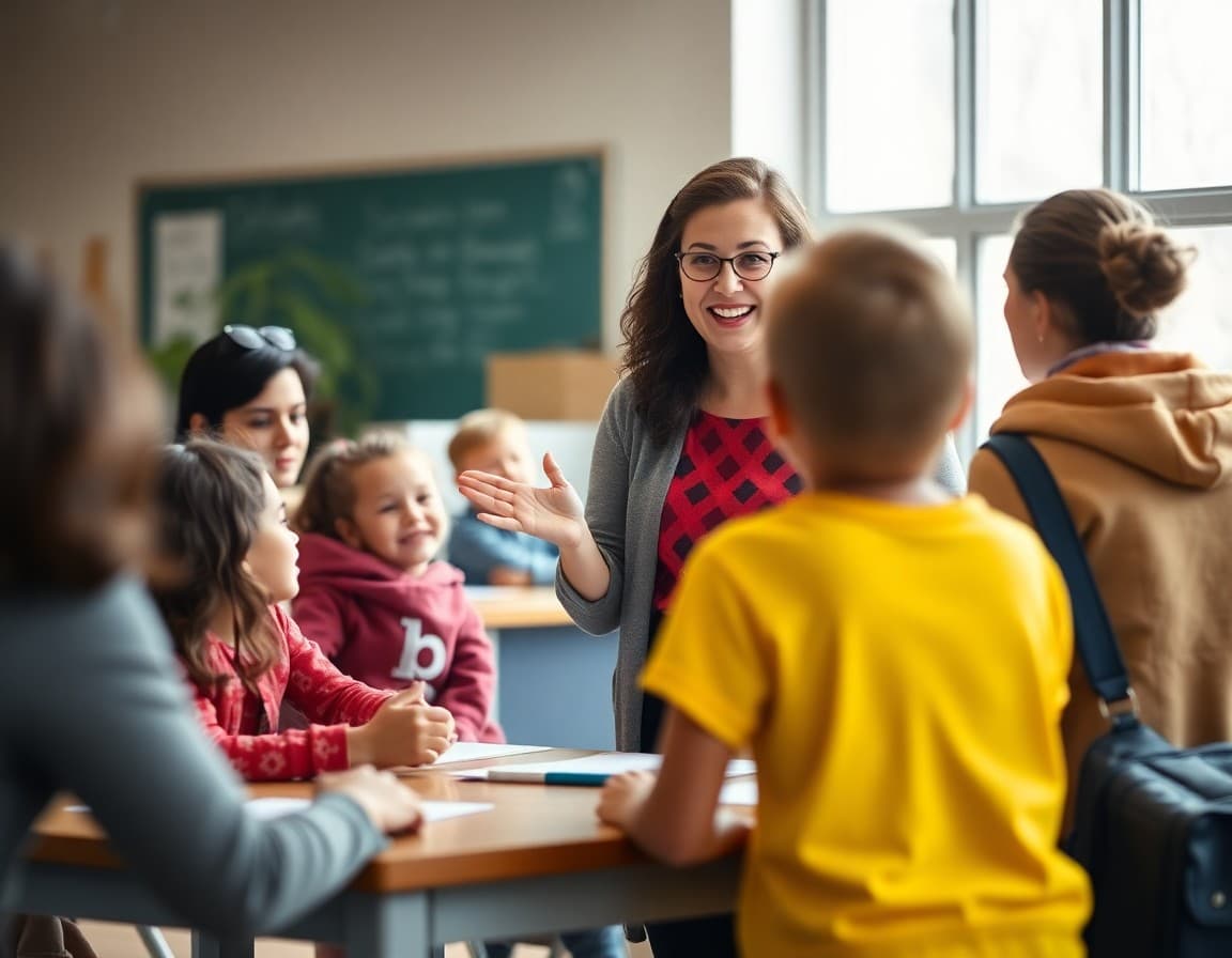 Teacher welcoming families at a table during a public school open house event