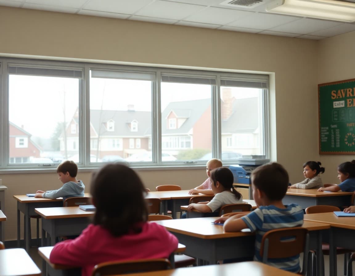 Rhode Island elementary school classroom with New England architecture visible through the window