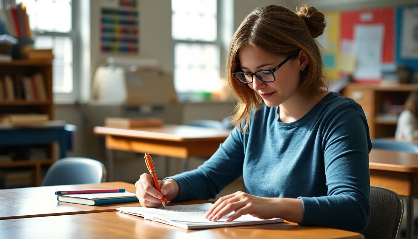 Elementary teacher in Rhode Island writing a classroom newsletter at her desk in a New England school