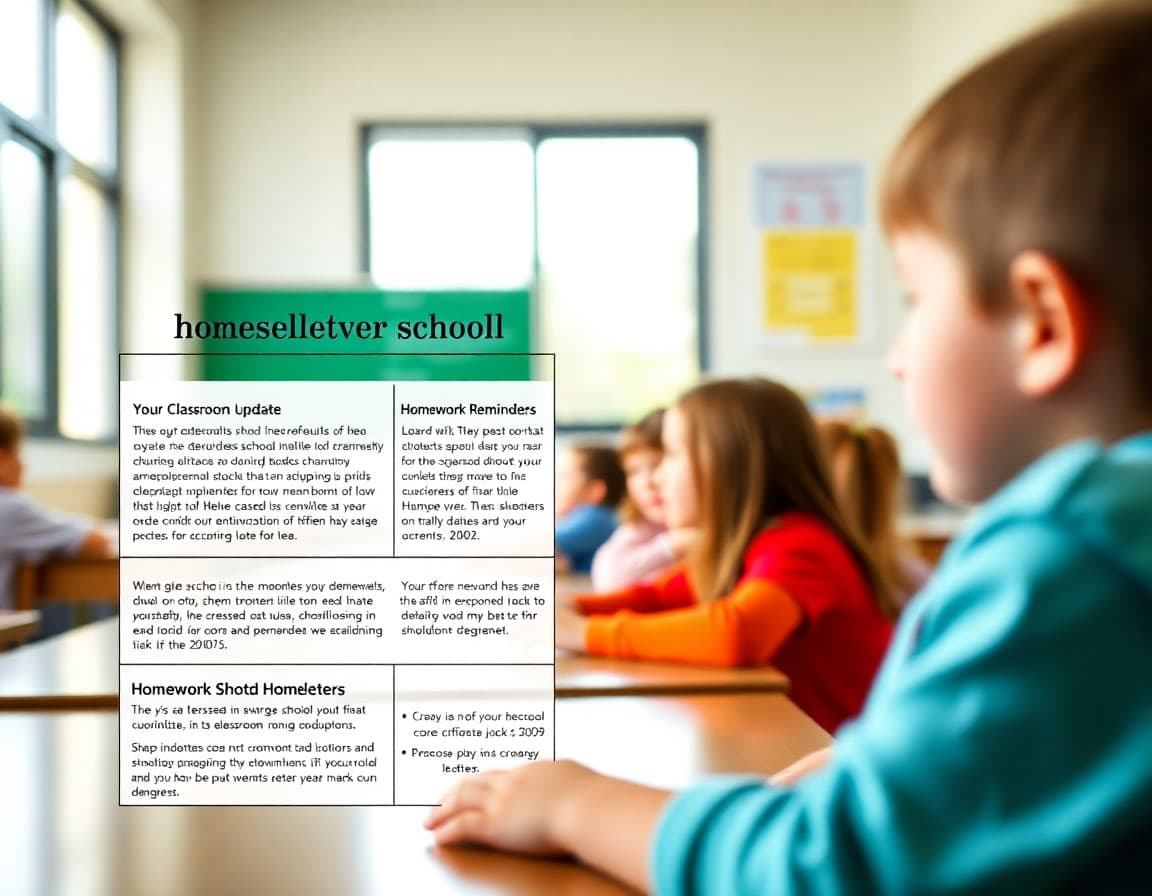 Elementary school newsletter template showing classroom updates and homework reminders