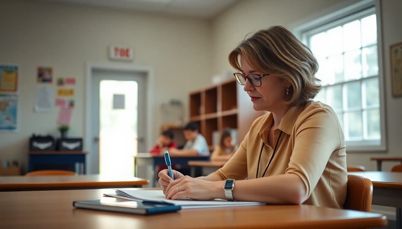 Elementary teacher in South Carolina writing a classroom newsletter at a desk
