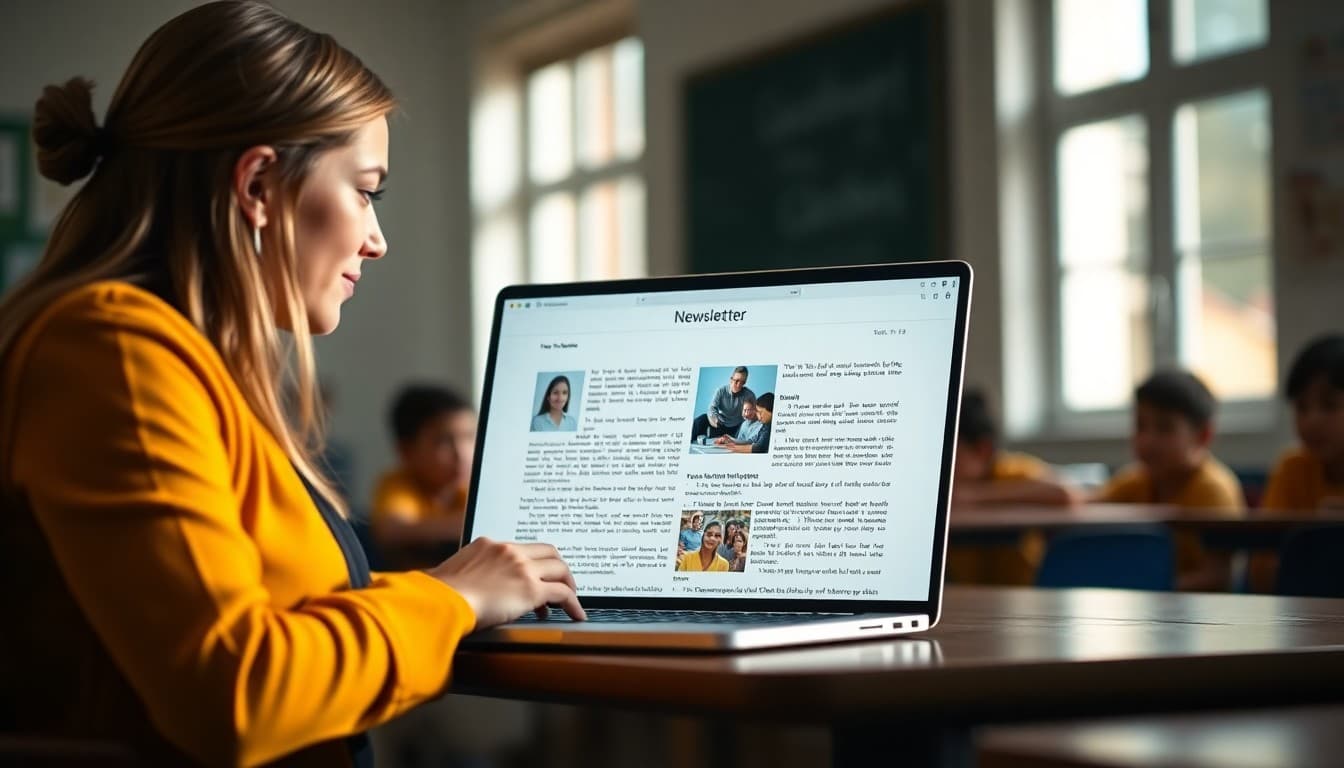 Teacher using an AI writing tool on a laptop to draft a school newsletter