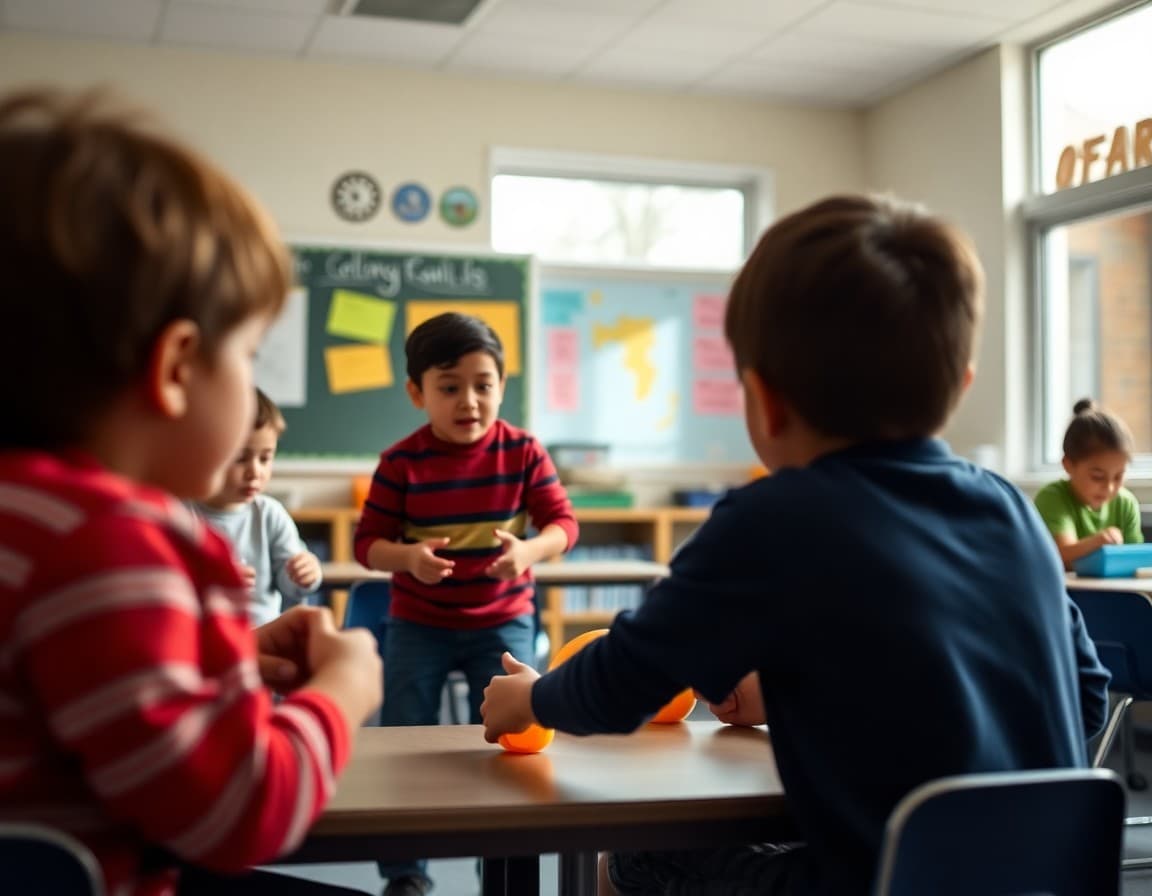 Students playing indoor games in a classroom during an air quality indoor recess day at an elementary school