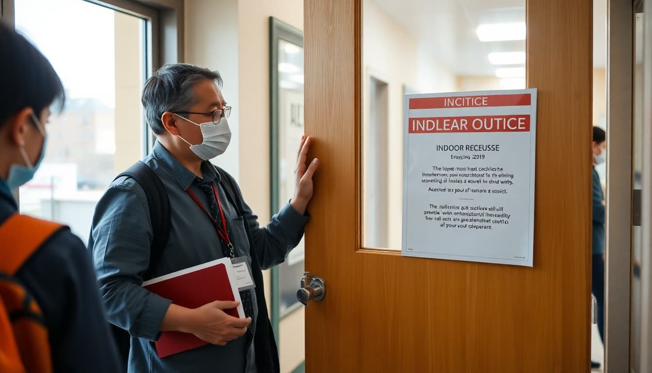 School administrator posting indoor recess notice at a school entrance on a poor air quality alert day
