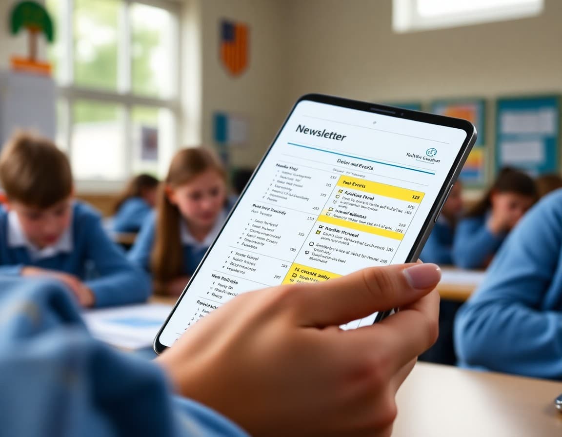 School newsletter open on a phone showing the dates and events section highlighted